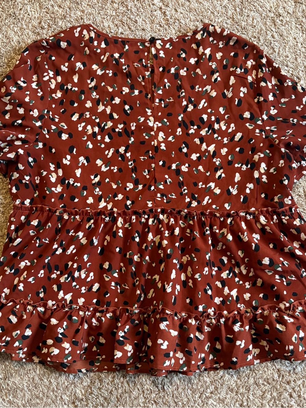 Womens Rust Printed Ruffled Peplum Blouse - Picture 2 of 5